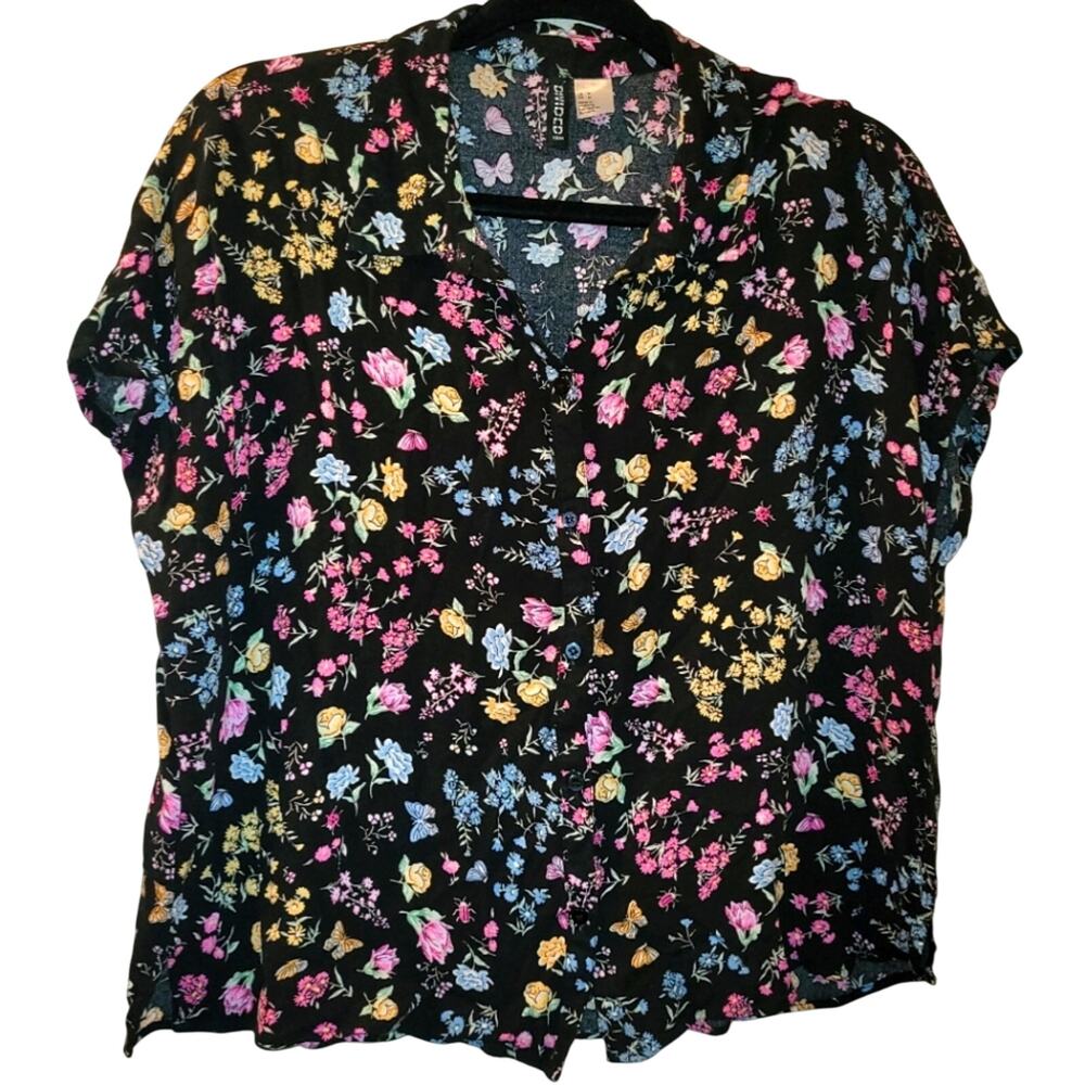 Vtg Y2K Ditsy Floral Women's Button Down Cropped Sz M Spring Cottagecore Pastel